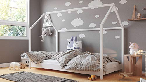WFL GROUP Kinderbett Haus Weiß 80x180 cm – Hausbett Holz Montessori für Jungen und Mädchen – Skandinavisches Design – Ohne Matratze