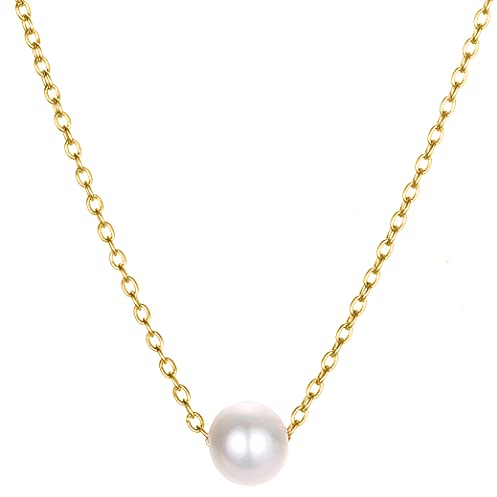 BONNYBIRD® Kette mit Perle Gold Damen Edelstahl Halskette mit Schwebendem Perlenanhänger Frauen Schmuck Wasserfest Vergoldet Goldkette Sommer Goldschmuck Pearl Boho