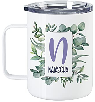 GRAZDesign Thermobecher mit Henkel mit Deckel, Thermotasse Kaffee To Go, personalisiert mit Namen, Eukalyptus und Blumen, Becher für Camper Garten Büro Edelstahl 350ml
