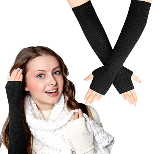 Scaldapolsi Guanti Lunghi Senza Dita in Cashmere Manicotti da Donna Neri Guanti Lavorati a Maglia con Foro per Pollice Guanti di Lana da Donna con Gomito a Cavo
