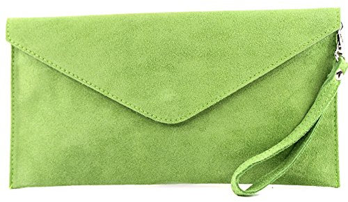 modamoda de T106 Damen Wildleder Rauleder Clutch Umhängetasche Abendtasche handmade in Italy, Farbe:Hellgrün