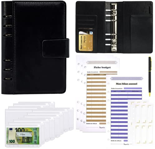 Classeur Budget Francais, SELLYEEZ Classeur Budget A6, Kit 29pcs Stylo et Planificateur inclus, Enveloppes Budget pour Organiser et Plannifier vos Finances Argent, Carnet Budget Design Unique (noir)