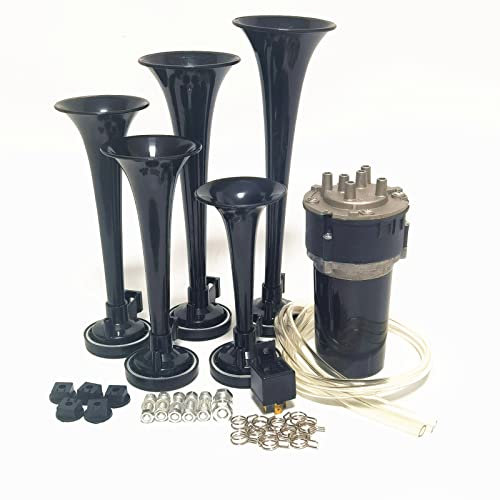 YIYIDA Klaxon de Voiture Air Horn 12V - Trompette à Cinq Tubes Dixie 160 dB - Électrique Noir Avec Pompe à Air - Pour Voiture, Bateau, SUV