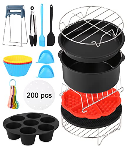 Accessori Friggitrice ad aria,Set da 7, 16 pezzi, 200 fogli di carta per friggitrice ad aria, Adatto per friggitrici ad aria di diametro superiore a 18 cm (7 pollici)