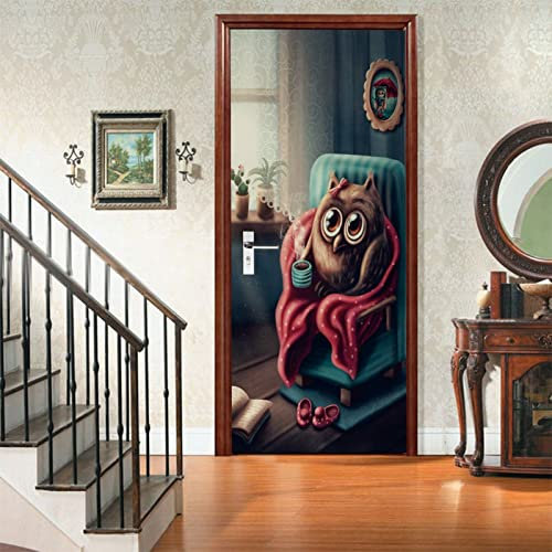 A.Monamour Türtapete Selbstklebend Türfolie Türposter 3D Karikatur Kleine Eule Die Auf Dem Stuhl Sitzt Und Kaffee Trinkt Vinyl Folie Türdeko Tapete Wandbild Türaufkleber Türtattoo 85x200cm