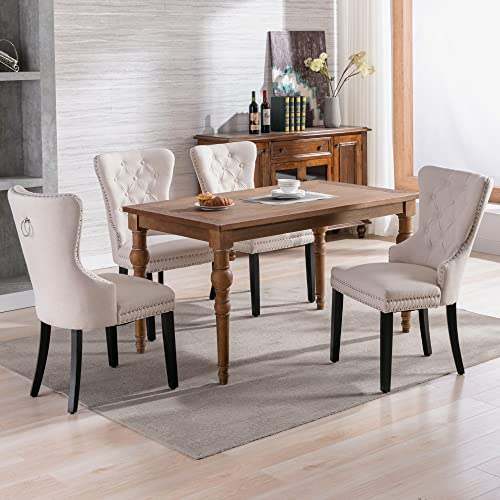 Merax Esszimmerstuhl 4er Set, Moderne Polsterstuhl mit hoher Rückenlehne und Nagelkopfbesatz, bequemer Wohnzimmerstuhl aus Leinen, für Arbeitszimmer, Küche, Schlafzimmer, Eichenbeinen, Beige