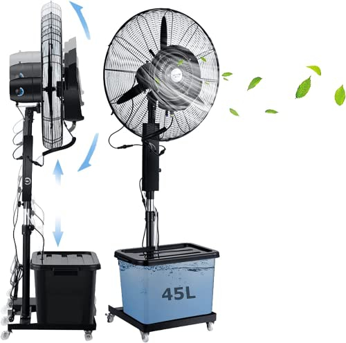 Locuetyn Draussen Beschlagender Standventilator, 90° oszillierend Wasserdichter Spray-Lüfter mit Nebel, Höhenverstellbar Misters Ventilator für Terrasse, Garage, Fitnessstudio