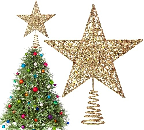 Weihnachtsbaumspitze Topper aus Metall, Weihnachtsstern Topper Glitzernder, Metall-Baumspitze Stern, Weihnachtsbaumspitze glitzernder, baumkronen Lampe, Weihnachten Dekoration, 20 cm, Golden