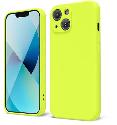oakxco for iPhone 13 Mini Phone Case Liquid Silicone, Fluorescent Bright Solid Color, Cute Thin Slim Soft Rubber TPU Plain Smooth Gel Matte Protective Cover for Women Girl Aesthetic, Neon Green Lime
