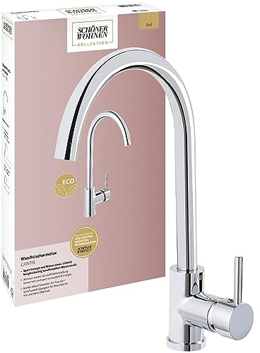 Schöner Wohnen Kollektion Waschtischarmatur hoch Spar-Mischdüse Cantis, Wasserhahn Bad Kaltwassermittelstellung, Badezimmerarmatur Aufsatz- oder Wand-Waschbecken, Kombi-Ablaufgarnitur, Chrom