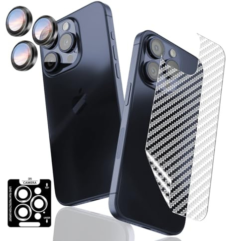 AnnhanT Kameraschutz für iPhone 15 Pro Max Kamera Panzer Schutz Glas 1 Stück + Schutzfolie Folie Matt Carbon Fiber Folie für die Rückseite 1 Stück, Kratzfest Anti Kameraschutz für iPhone 15 Pro Max