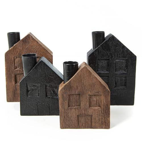 Logbuch-Verlag 4 kleine Häuser aus Holz Weihnachten Deko Kerzenständer Adventskranz Geschenkidee Kerzenständer braun schwarz 11-16,5 cm
