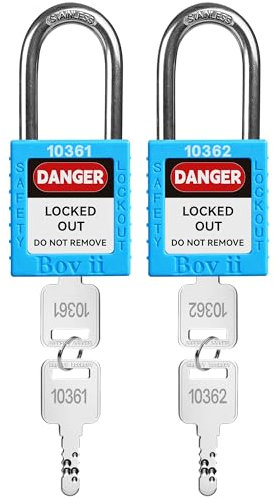 Boviisky Cerraduras de bloqueo y etiquetado: 2 cerraduras de loto azules, llave diferente, 2 llaves por cerradura, cerraduras de bloqueo compatibles con OSHA.
