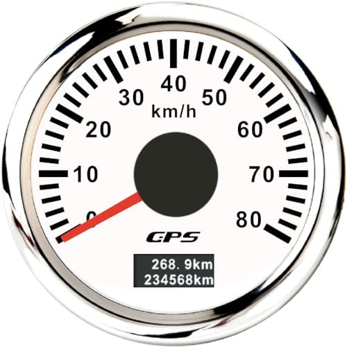 ELING 52 mm GPS-Tachometer 0–80 km/h Kilometerzähler mit 7 Farben Hintergrundbeleuchtung 12 V 24 V für Traktoren Schiffe (weiß+edelstahl, 0-80KM/H)