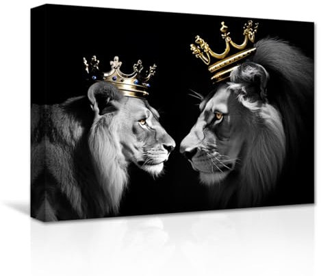 CXHOSTENT Löwen und Löwin Leinwand Wandbilder König und Königin Löwe mit Goldkrone Kunstdrucke Schwarz Weiß Tierbilder für Heimdekoration (B, 70.00 x 105.00 cms)