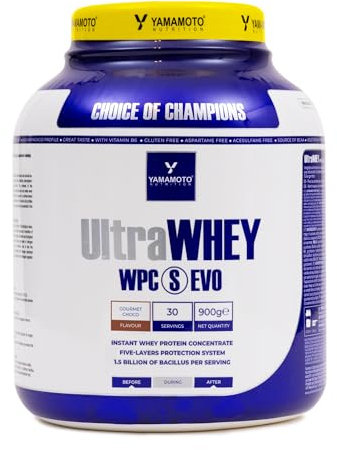 YAMAMOTO NUTRITION Ultra Whey WPC S EVO 900 g, Concentré de Protéines de Lactosérum et Spores de Bacillus Complément Alimentaire, Prise de Masse Musculaire, Goût Chocolat