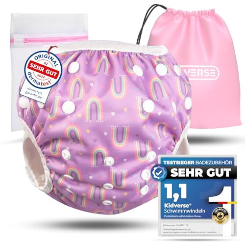 KIDVERSE Schwimmwindel Baby Badehose 0-3 Jahre - Hautfreundliche Schwimmwindeln wiederverwendbar & saugstark - Größenverstellbare Badewindel Baby Schwimmhose Tragetasche & Wäschenetz (Purple Rainbow)