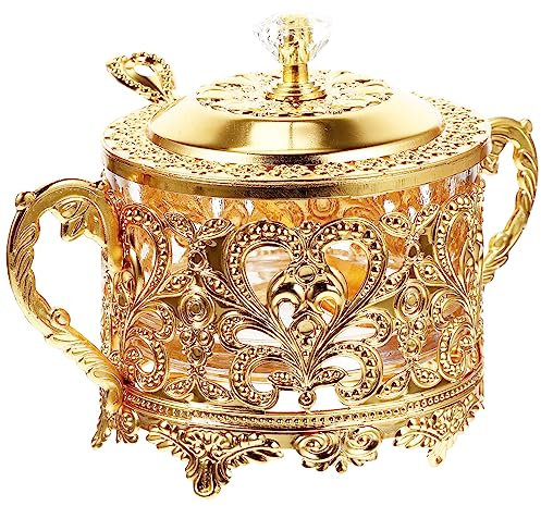 Garneck Glass Turkish Sugar Bowl Condiment Pot Vintage Kitchen Food Canister Spice Storage Jar Seasoning Containers with Lid and Spoon for Candy Cookie Honey Golden