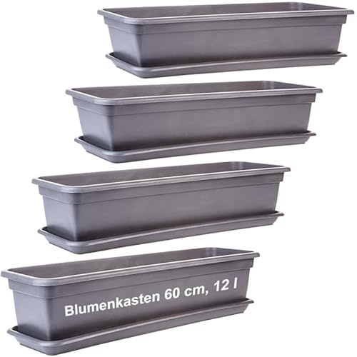 2friends Balkon Blumenkasten Set 60cm, 4er-Pack, mit Untersetzer, Kunststoff, EU-Fertigung, Anthrazit