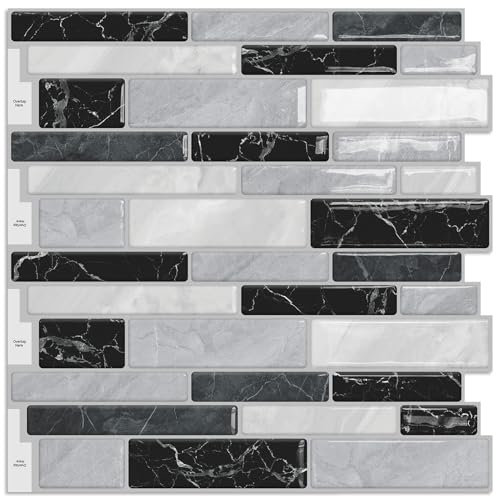 DEWOO Crystal Peel and Stick on Wall Tiles Self Adhesive Marble Sticky 3D Mosaic Splashback for Kitchen Black,10-Sheet (12x 12)