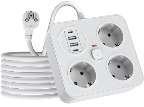 3 Fach Steckdosenleiste mit USB-C | Dreifachsteckdose mit Schalter & Handy-Halter & 2m Kable | 13A 3250W | für Büro und Zuhause | Weiß