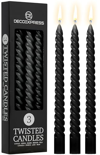 DECO EXPRESS Stabkerzen Set 3er oder 6er, Gedrehte Spiralkerzen, Bunte Kerzen, Brenndauer 6 Stunden Unparfümiert (Schwarz - 3er-Pack)