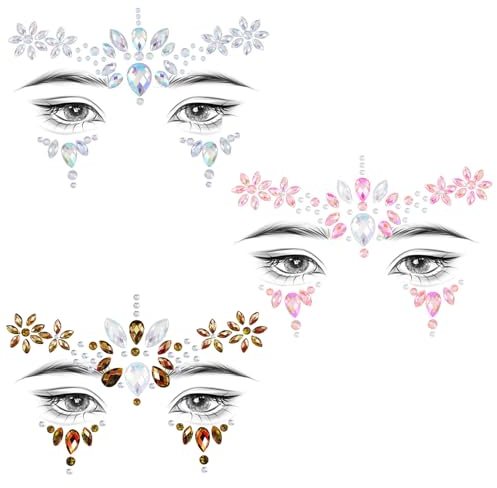 Sugeru 3pcs Glitzersteine Gesicht,Temporäre Tattoos - Glitzersteine Selbstklebend,Strasssteine Gesicht,Festival Glitzer Gesicht,Festival Tattoos,Face glitter für Party, Make-up, Karneval (Set B)