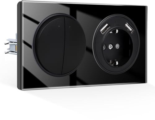 CNBINGO Kipplichtschalter mit USB Steckdose Unterputz, Glas Schuko Steckdose mit 2,1 Amp USB-A Port, 2 Fach 1 Weg Glas Lichtschalter, Schwarz