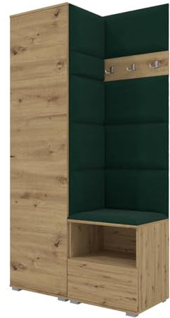 RAVIO Garderoben-Set NELA I mit Kleiderschrank & 3 Doppelhaken, 100cm Flurgarderobe mit Garderobenpaneel & Schuhschrank (Artisan Eiche + Flaschengrün (Trinity 28))