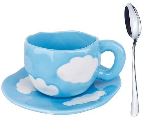 250ml Juego de Taza de Café y Platillo Porcelana, tazas de café de nube, cerámica tazas de café en color macaron con cuchara, Juego De Tazas De Café con Plato, regalos cerámica Para niñas y mamás