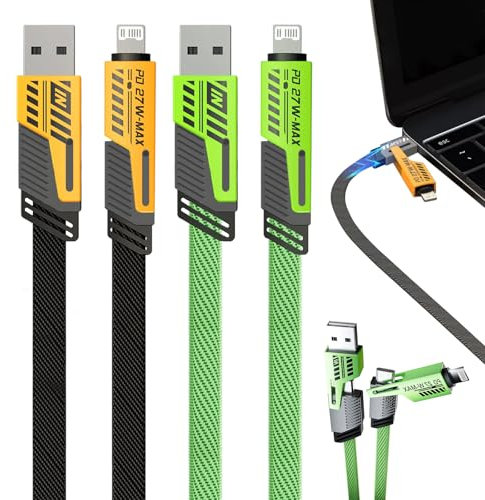 UoQo Multi Charger Cable 4 in 1 Fast Charging 2Pcs 65W Anti Tangle High-Density Weaving Fast Charging Cable 3.3Ft Multi Charging Cable Combo USB TypeC Lightning Ports for iPhone iPad Macbook Android
