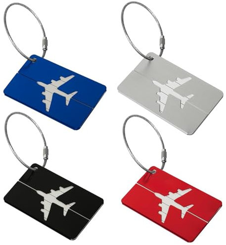 SHUBEIEUMI 4 Pièces Etiquette Valise, Etiquette Bagage en Aluminium, Etiquette Valise Voyage Avion avec Cordon INOX et Carte PVC étanche Étiquette Bagage pour Sac à Dos de Voyage, Valise