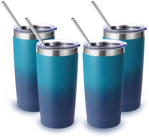 Volhoply 20oz 550ml Travel Insulated Tumbler with Lid and Straw Bulk 4 Pack, Double Wall Stainless Steel Coffee Mug Fits Cup Holder,Powder Coated Cups for Cold Drinks, BPA Free(Dark Night,4 Set)