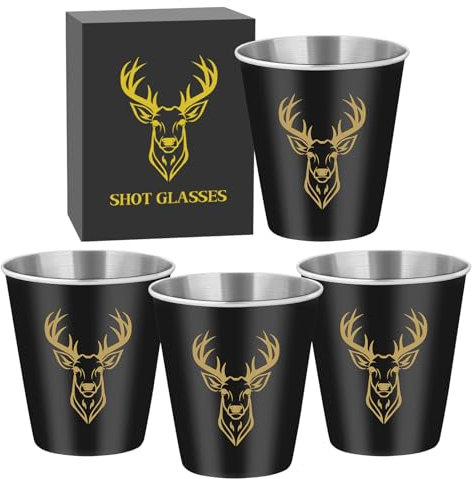 Edelstahl Schnapsgläser mit Golden Hirschkopf, 4 Stück, 70ml, mit Geschenkbox, Stapelbar Trinkbecher, Partybecher, Vatertagsgeschenk, Geschenke für Jäger, Hochzeit, Geburtstage, Picknick, Camping