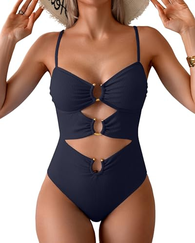 Eomenie One Piece Swimsuit for Women Ring Linked Monokini Sexy Bathing Suit Cutout Swim Suit, Navy Blue Ribbed, Medium