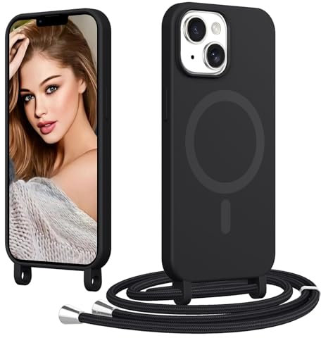 Vauki Magnetisch handyband Handyhülle für iPhone 14/iPhone 13 Hülle mit Band, [Compatibile Con MagSafe] Dünn TPU Silikon Case mit Kordel zum Umhängen Abnehmbar Stoßfest Schutzhülle, Schwarz