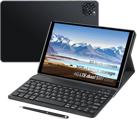 Fine Life Pro Tablet mit Tastatur, 10,1-Zoll-Bildschirm, 3GB RAM, 128GROM, erweiterbar 128GB, Dual SIM-Karte 4G LTE, acht Kern High-Speed-Chip, 5MP+16MP, 5000mAh, Laptop (Black)