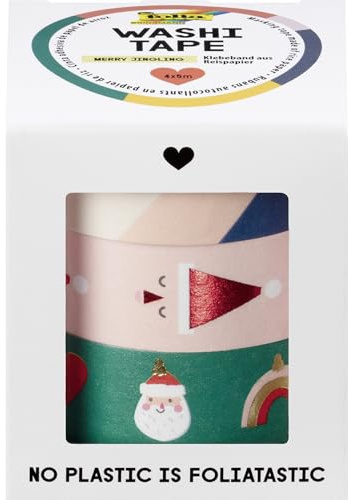 folia 26458 - Washi Tape Merry JINGLING, 4 x 5 m, Nastro Adesivo in Carta di Riso, hotfoil in 4 Disegni Natalizi, per Creare, Decorare e abbellire