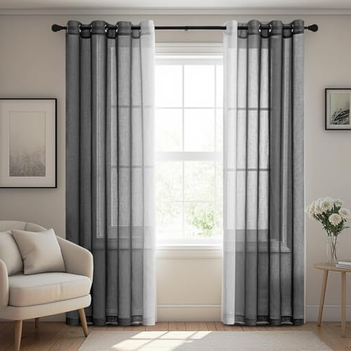 BellaHills Rideau Voilage Dégradé à Oeillets en Tulle Effet Lin - Lot de 2 Panneaux Demi-Transparent Salon Chambre,117x137CM Gris
