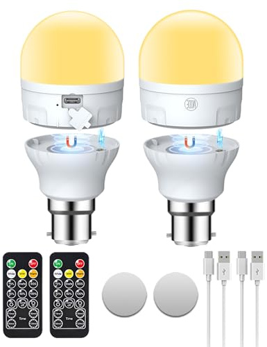 I-SHUNFA USB-C Rechargeable B22 LED Bulb 7W with Remote Control, 2 Pack | AC100-240V,CCT Dimmable Touch Control,Timer,2000mAh Battery,Outdoor Emergency Light,Magnetic