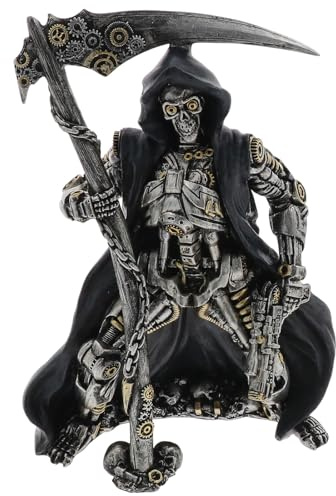 Gentleman Joe Steampunk Skeleton Reaper Figurine, Painted Resin, Industrial Mechanical Design, 22.5 x 16 cm, Bronze and Silver