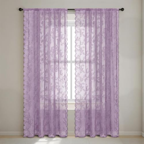 Fudaiki Transparente Spitze Vorhänge mit Kräuselband Oben für Schlafzimmer und Wohnzimmer 2 Stück Lichtdurchlässige, einfarbige Voile-Vorhänge, Fensterdekorationen Lila 100x140cm