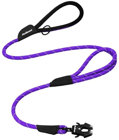 PetBonus Two Handles Dog Lead, 1.5 m Pet Rope Lead with Quick Release Clip | Comfortable Traffic Handle, Heavy Duty, Durable, Reflective, Walking Hiking Training Lead, For Medium Large Dogs, Purple