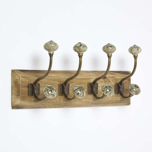 HOMESCAPES Premium Coat Hooks Wall Mounted, Heavy Duty Hooks for Hanging, Elegant Green Stoneware, Sturdy & Strong Iron and Wood, Premium Coat Hangers for Scarves, Handbags, Keys & pet Accessories