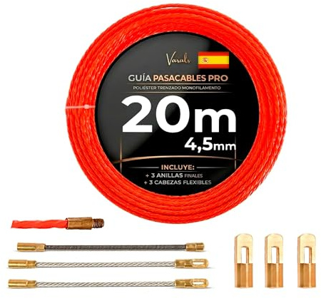 Guía Pasacables Profesional 20 m, Ø4,5 mm, 6 Terminales Intercambiables M5 | Sonda pasacables de poliéster trenzado monofilamento, alta rigidez para electricistas, tubos, conductos y canalizaciones