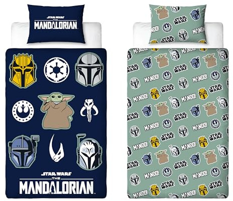 Disney Mandalorian Offiziell Lizenziertes Einzelbettwäsche-Set | Wendbares, beidseitiges Bettwäsche-Set mit passendem Kissenbezug | Design „Friend“ mit Yoda | Polycotton