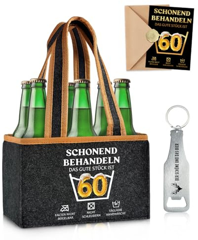 Lustige Geschenk 60 Geburtstag Mann, Männerhandtasche Bier | mit Flaschenöffner und Grußkarten, Schonend Behandeln 60.ter Geburtstag Mann, Bier Flaschentasche für 6 Flaschen
