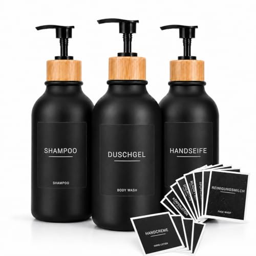 3er-Set 500-ml-Glas-Seifenspender mit wasserfesten schwarzen Etiketten, Schwarze, nachfüllbare Flaschen mit Bambuspumpe für Duschgel, Shampoo und Haarspülung