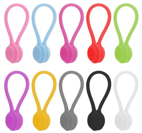 10 Pack Magnetic Cable Ties, Reusable Silicone Cable Tidy Clips, Multi-Purpose Magnetic Cord Organiser for USB Cables, Earphones, Home, Office & School (Mixed Colours)