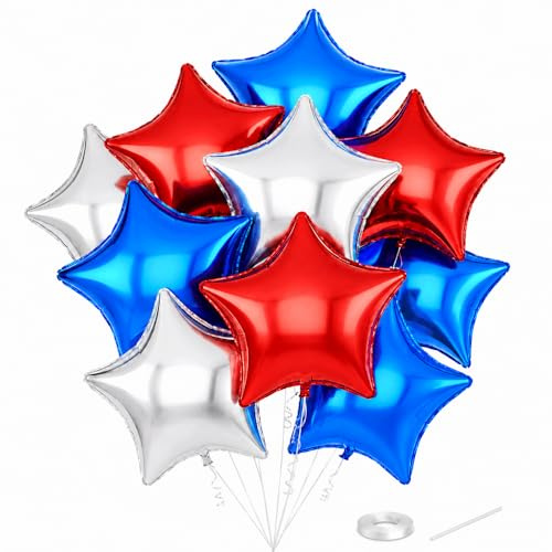 Catelves 10 palloncini a forma di stella, 45,7 cm, rosso, argento, blu, set di palloncini a elio con nastro e cannuccia, palloncini a stella per compleanno, matrimonio, Capodanno, anniversario, laurea